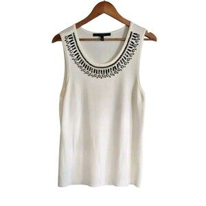 White House Black Market Sweater Women's L Cream Sleeveles Beaded Neck  Career